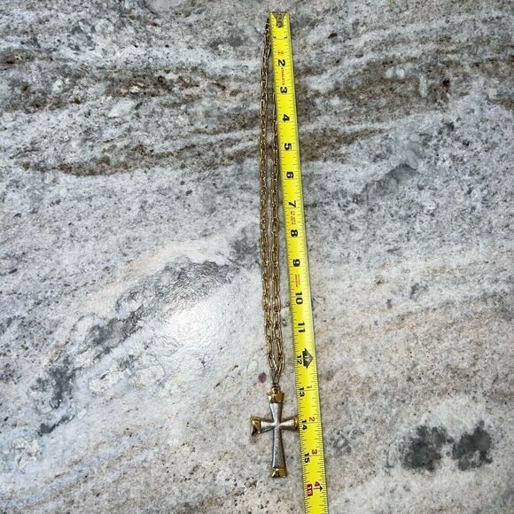 Vintage Cross Pendant, Long Chunky Link Chain 13”-15.5” Gold & Silver Necklace - Picture 4 of 8